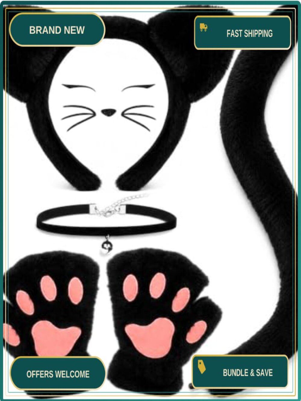 Cat Costume Set Ear Headband Tail Paws Gloves Collar Halloween Cosplay